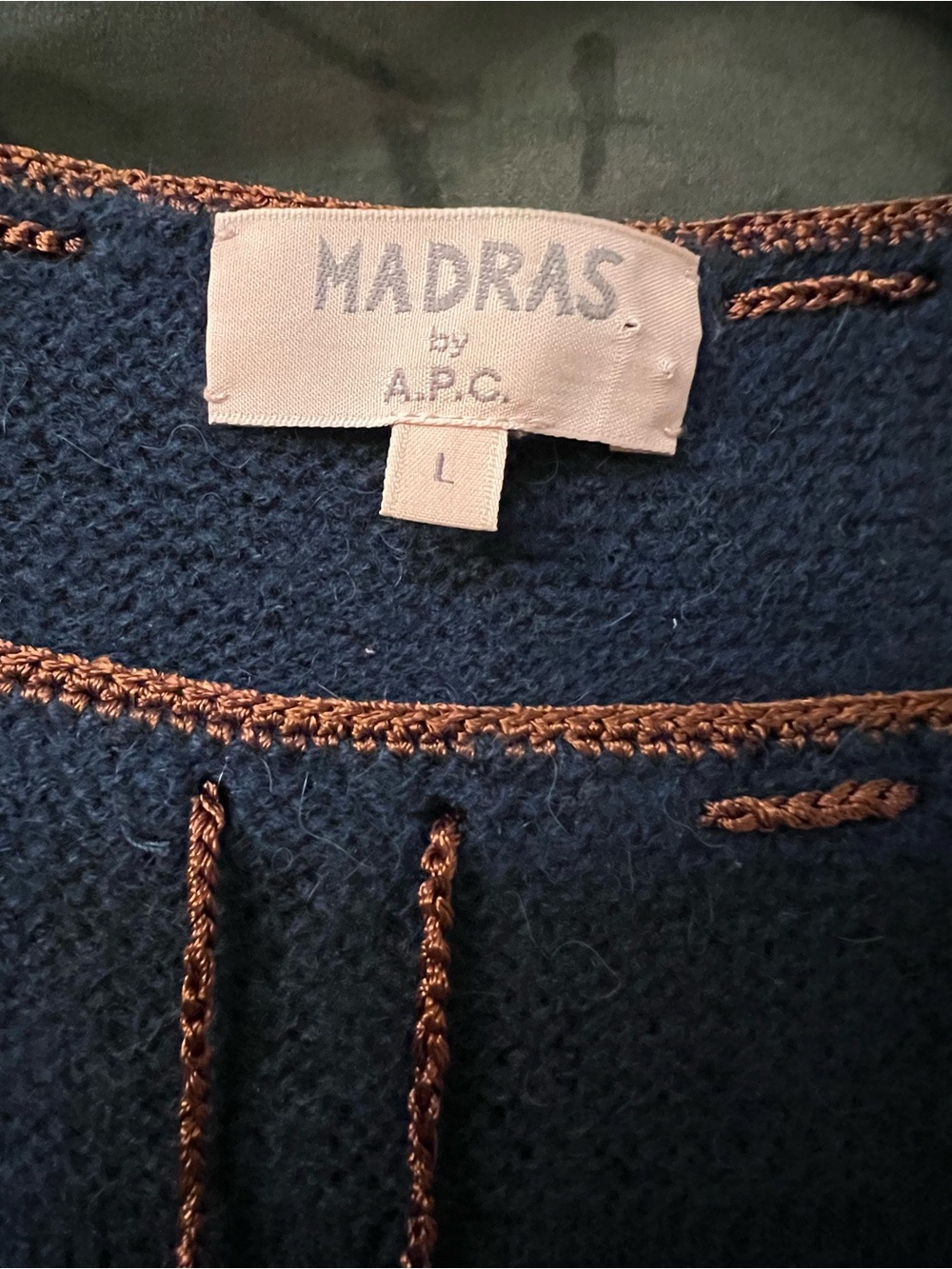 A.P.C. Madras Navy Wool and Alpaca Blend Sweater with Brown Trim